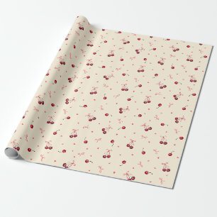 Niedliche Tiny Pink Red Cherries Herz Bows Creme Geschenkpapier