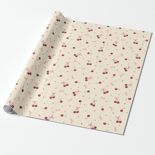 Niedliche Tiny Pink Red Cherries Herz Bows Creme Geschenkpapier (Ungerollt)