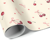 Niedliche Tiny Pink Red Cherries Herz Bows Creme Geschenkpapier (Rolleneckpunkt)