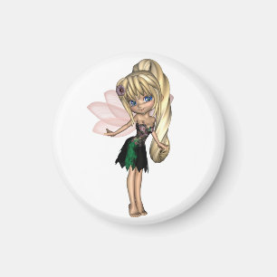 Niedliche Toon-Fee im grünen und lila Blumen-Klei Magnet