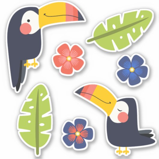 Niedliche Toucans Tropische Blume Aufkleber (Vorderseite)