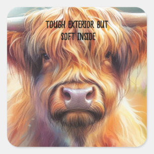 Niedliche Tough Shaggy Highland Cow Quadratischer Aufkleber
