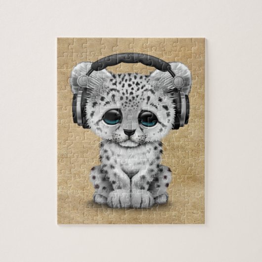 Niedliche tragende Kopfhörer Schneeleopard CUBs DJ Puzzle (Vertikal)