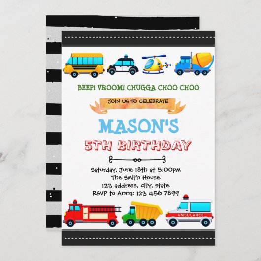 Niedliche Transport-Party Einladung (Vorne/Hinten)