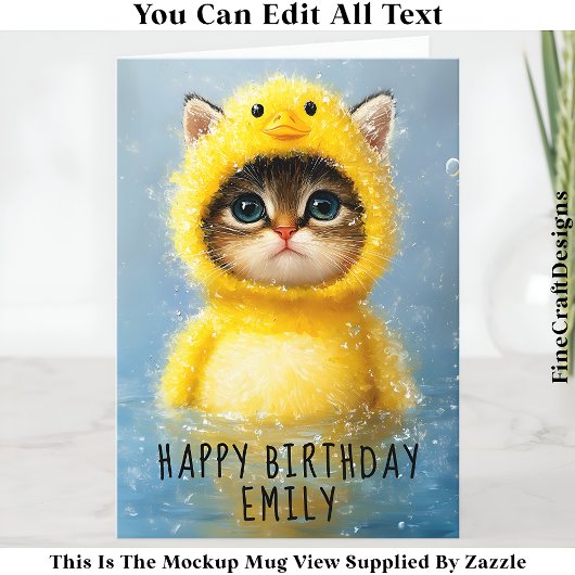 Niedliche traurige Katze in gelber Ente Kostüm DL4 Karte