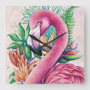 Niedliche Tropenrosa Flamingo-Wall-Uhr Quadratische Wanduhr