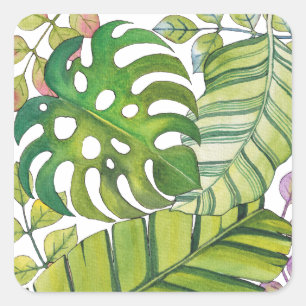 Niedliche tropische Blätter in Aquarellen Quadratischer Aufkleber