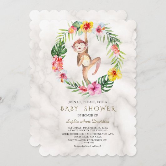 Niedliche tropische Girl-Babydusche der Affen Einladung (Vorne/Hinten)