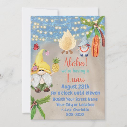 Niedliche tropische Gnome am Strand Luau Party Einladung (Vorderseite)