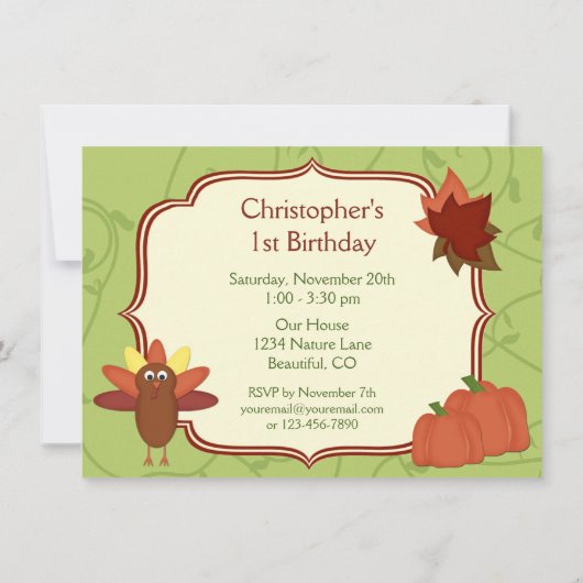 Niedliche Türkei Erntedank 1. Geburtstag Einladung (Rückseite)