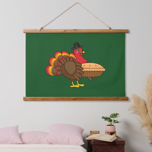 Niedliche Türkei mit Pumpkin Pie Erntedank Wandteppich Mit Holzrahmen (Schlafzimmer)