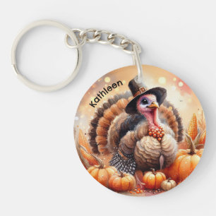 Niedliche Türkei Pilgrim Hat Pumpkins Mais Ernteda Schlüsselanhänger