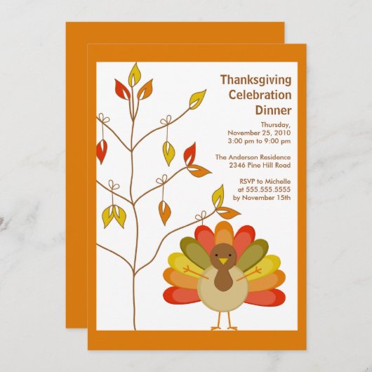 Niedliche Türkei- u. Baum-Erntedank-Einladungen Einladung (Vorne/Hinten)