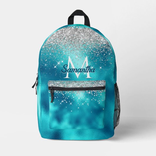 Niedliche türkisfarbene Imitate Glitzer Monogramm Bedruckter Rucksack (Vorderseite)