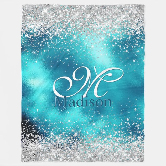 Niedliche türkisfarbene Imitate Glitzer Monogramm Fleecedecke (Vorderseite)