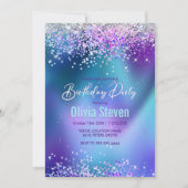 Niedliche türkisfarbene lila Imitate Glitzer Monog Einladung (Vorderseite)