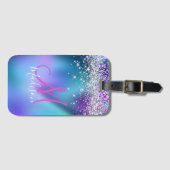 Niedliche türkisfarbene lila Imitate Glitzer Monog Gepäckanhänger (Vorderseite (Horizontal))