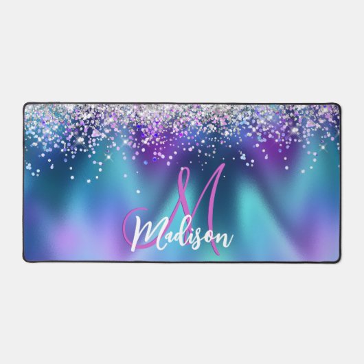 Niedliche türkisfarbene lila Imitate Glitzer Monog Schreibtischunterlage (Vorderseite)