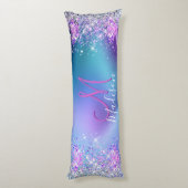 Niedliche türkisfarbene lila Imitate Glitzer Monog Seitenschläferkissen (Rückseite (Vertikal))