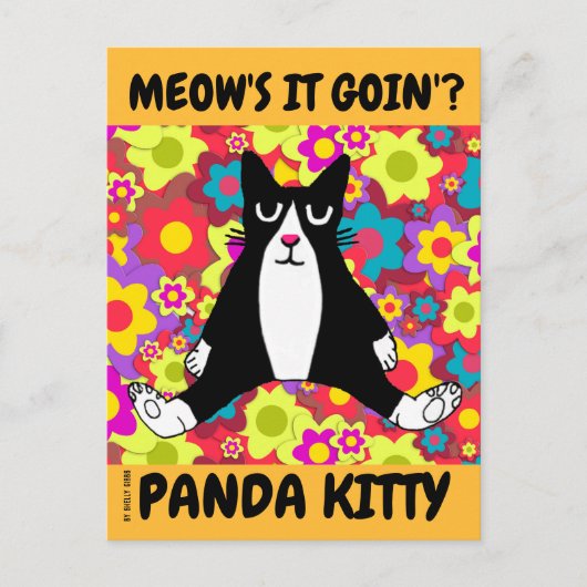 NIEDLICHE TUXEDO CAT ART, PANDA KITTY SITZT AUF POSTKARTE (Vorderseite)