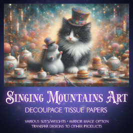 Niedliche Tuxedo Cat und Maus Fantasy Decoupage. Seidenpapier