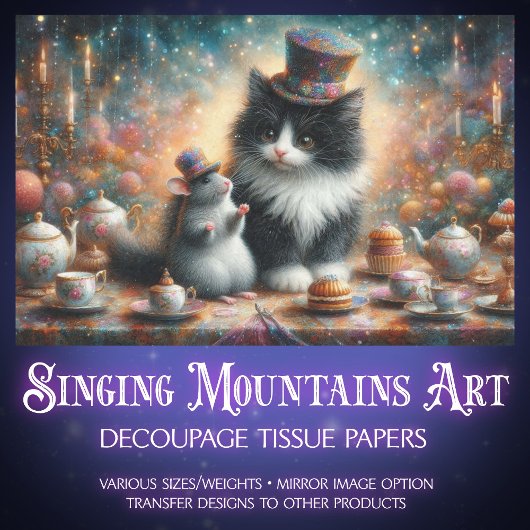 Niedliche Tuxedo Cat und Maus Fantasy Decoupage. Seidenpapier