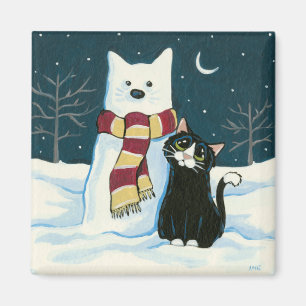 Niedliche Tuxedo Cat und Snowman Painting Magnet