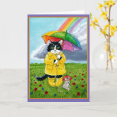 Niedliche Tuxedo-Katze, Maus, Regenbogenschirm Geb Karte (Gelbe Blume)