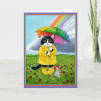Niedliche Tuxedo-Katze, Maus, Regenbogenschirm Geb