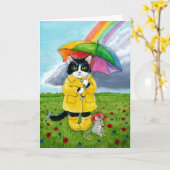 Niedliche Tuxedo-Katze, Maus, Regenbogenschirm Karte (Gelbe Blume)