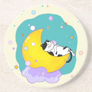 Niedliche Tuxedo Kitty Cat Schlafen auf dem Mond Getränkeuntersetzer