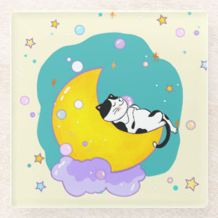 Niedliche Tuxedo Kitty Cat Schlafen auf dem Mond Glasuntersetzer