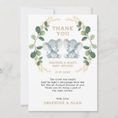 Niedliche Twin Elephant Babies Grüne Gold Foliage Dankeskarte (Vorderseite)