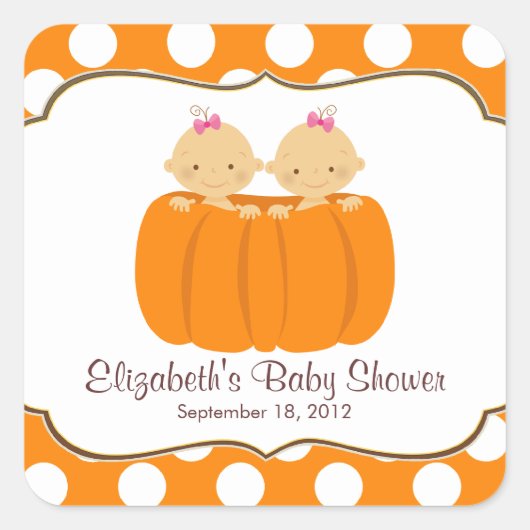 Niedliche Twin Girl Pumpkin Baby Shower Square Sti Quadratischer Aufkleber (Vorderseite)