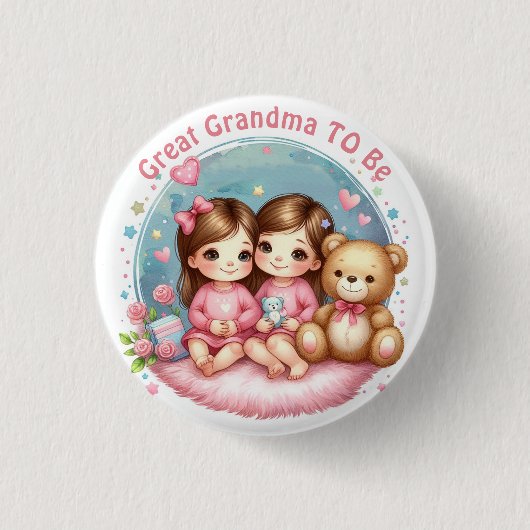 Niedliche Twin Girl's Baby Dusche große Oma, um zu Button (Vorderseite)