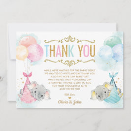 Niedliche Twins Baby Boy Girl Elephant Babydusche Dankeskarte