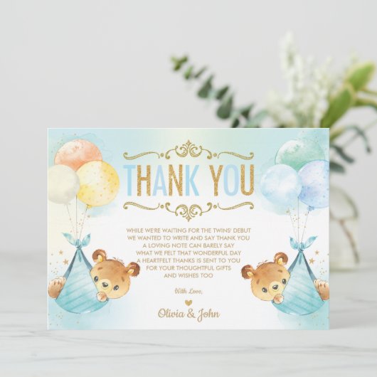 Niedliche Twins Baby Boys Teddy Bears Baby Dusche Dankeskarte (Stehend Vorderseite)
