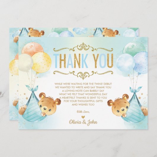 Niedliche Twins Baby Boys Teddy Bears Baby Dusche Dankeskarte (Vorne/Hinten)
