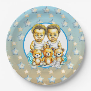 Niedliche Twins farbige Baby Boys Baby Shower Leck Pappteller