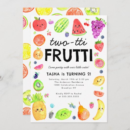 Niedliche TWO-tti Frutti Sommer Frucht 2. Geburtst Einladung (Vorne/Hinten)