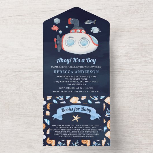 Niedliche U-Boot Nautical Navy Blue Baby Dusche All In One Einladung (Innen Boden)