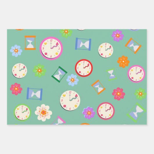 Niedliche Uhren und Blume Party Geschenkpapier Set (Vorderseite 3)