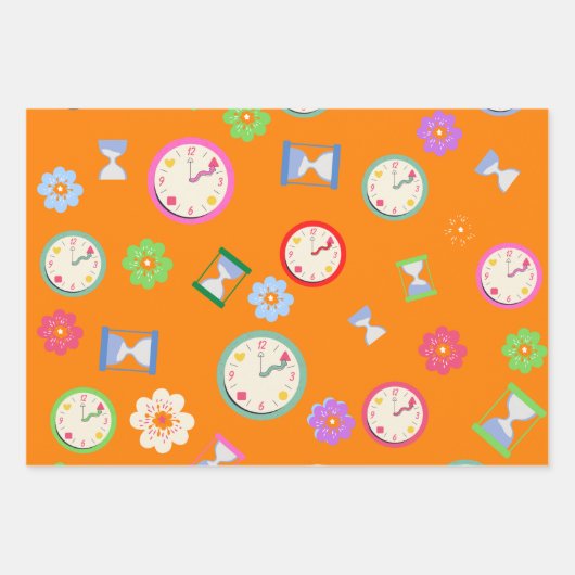 Niedliche Uhren und Blume Party Geschenkpapier Set (Vorderseite 2)