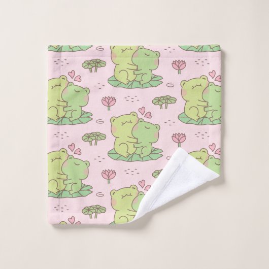 Niedliche umarmende Frösche in Liebe rosa Badhandtuch Set (Waschlappen)