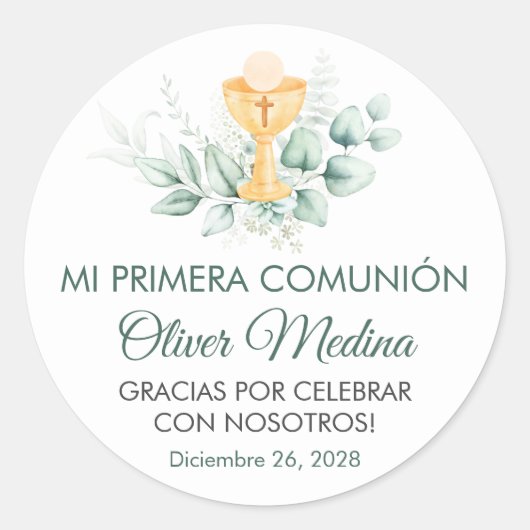 Niedliche und elegante grüne Blätter Erste Kommune Runder Aufkleber (Vorderseite)