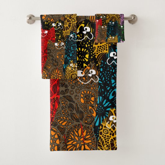Niedliche und farbenfrohe florale Happy Cats Badhandtuch Set (Insitu)