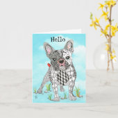 Niedliche und farbenfrohe französische Bulldog-Gru Karte (Gelbe Blume)