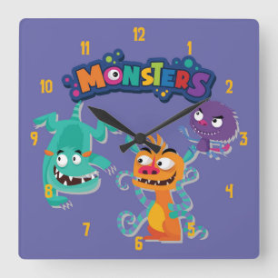 Niedliche und farbenfrohe Fun Monster spielen Szen Quadratische Wanduhr