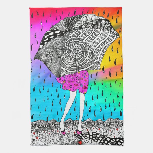 Niedliche und farbenfrohe Girl in der Rain Kitchen Geschirrtuch (Vertikal)