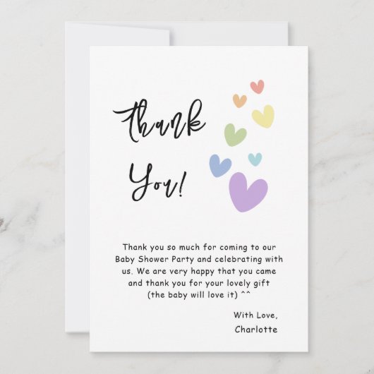Niedliche und farbenfrohe Herz-Baby-Dusche Dankeskarte (Vorderseite)